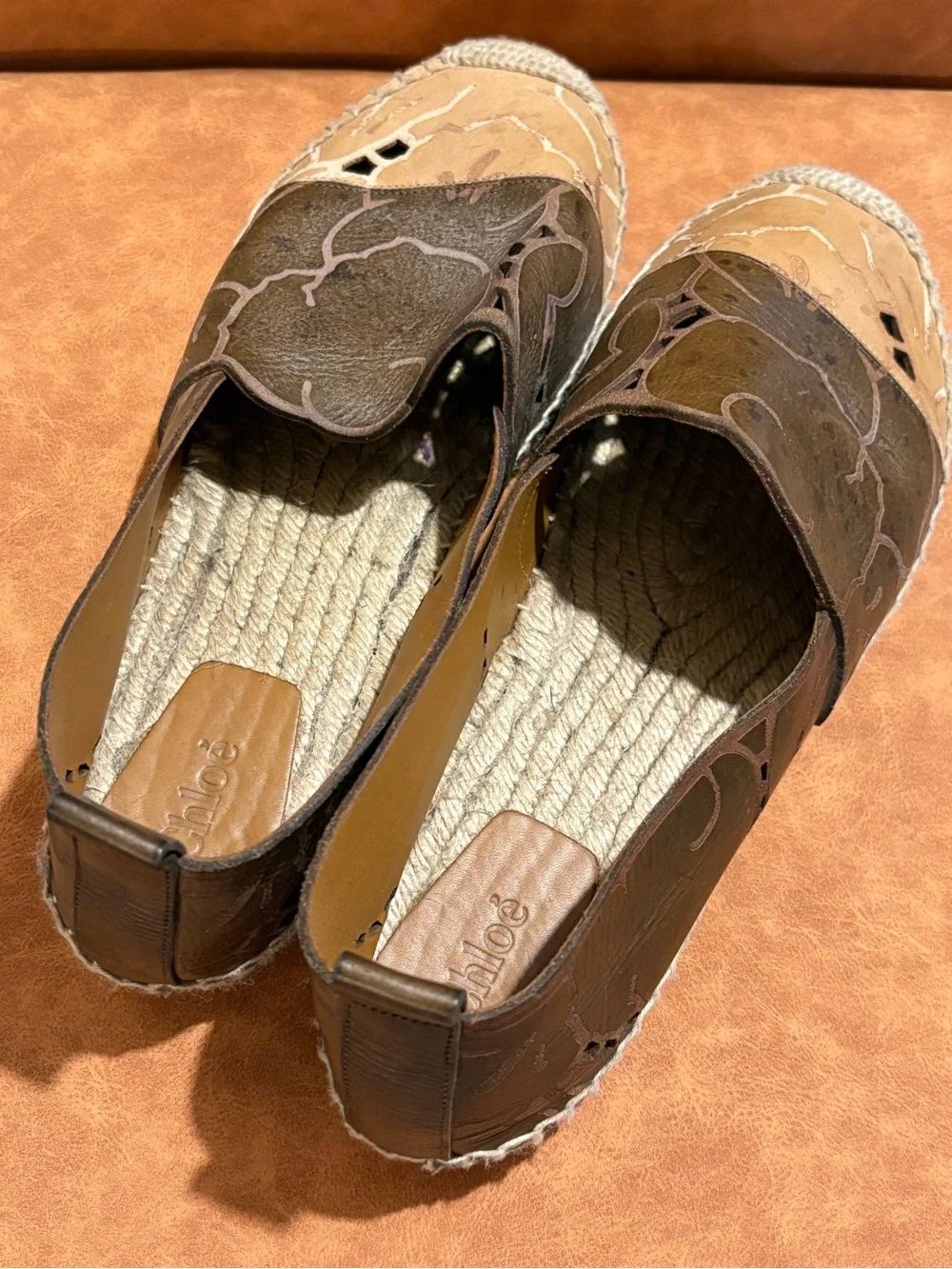 Chloé Brown Leather Floral Cutout Espadrille Flats Slip-On Shoes
